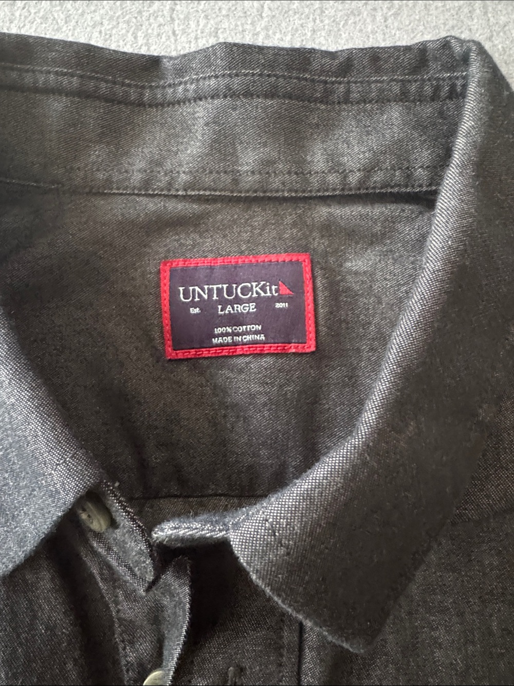 UNTUCKit Charcoal Gray Button-Down Shirt with Red Trim Label